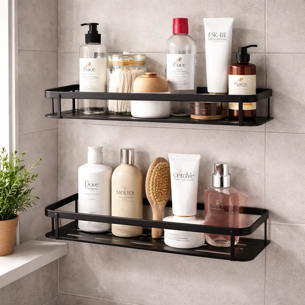 No-Drill Shower Shelf – Rustproof Metal Rack with Strong Adhesive (Pack of 1)